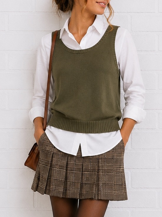 Melrose and Market Tops - Olive Green Sweater Vest L 100% Cotton Preppy Academia Layering Knit Collegiate